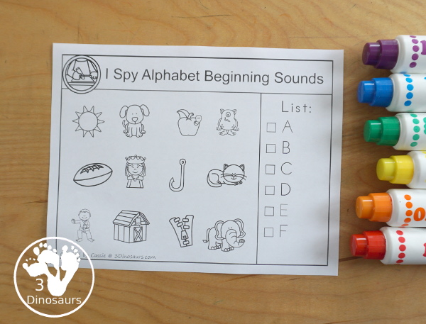 Free ABC Beginning Sounds I Spy Printable - with a list of letters on the side and a picture to find to match the letter. You have 6 or 7 letters on each page. - 3Dinosaurs.com