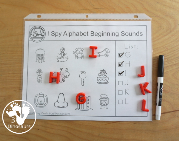 Free ABC Beginning Sounds I Spy Printable - with a list of letters on the side and a picture to find to match the letter. You have 6 or 7 letters on each page. - 3Dinosaurs.com