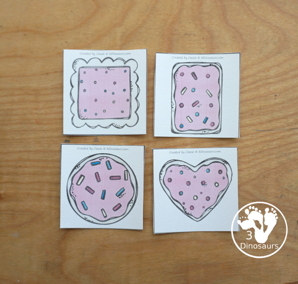 Free Cookie Shape Sorting - sorting circle, square, heart and rectangle shapes with kids with 6 shape cookies to sort for each shape - 3Dinosaurs.com