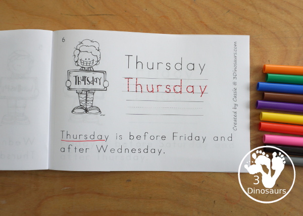 Free Day of the Week Easy Reader Book - a great 8 page book with a sentence to read about the day of the week with reading the words, tracing the word and writing the word. - 3Dinosaurs.com