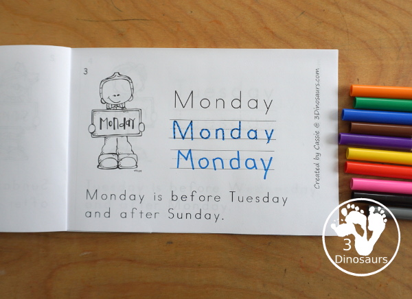 Free Day of the Week Easy Reader Book - a great 8 page book with a sentence to read about the day of the week with reading the words, tracing the word and writing the word. - 3Dinosaurs.com
