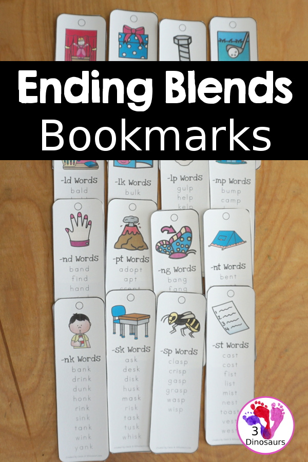Ending Blends Bookmarks with 16 bookmarks to use with kids. A picture of one ending blend, end blend on the bookmark and a list of words that end with that blend - 3Dinosaurs.com