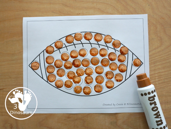 Free Football Fine Motor Dot Marker Printables - with four pages of printables with a football template to color, a football to trace and a dot marker football, all great for football fine motor centers. -3Dinosaurs.com