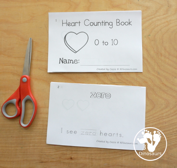 Free Heart Number Word Counting Book Printable - how to cut the easy reader book - 3Dinosaurs.com