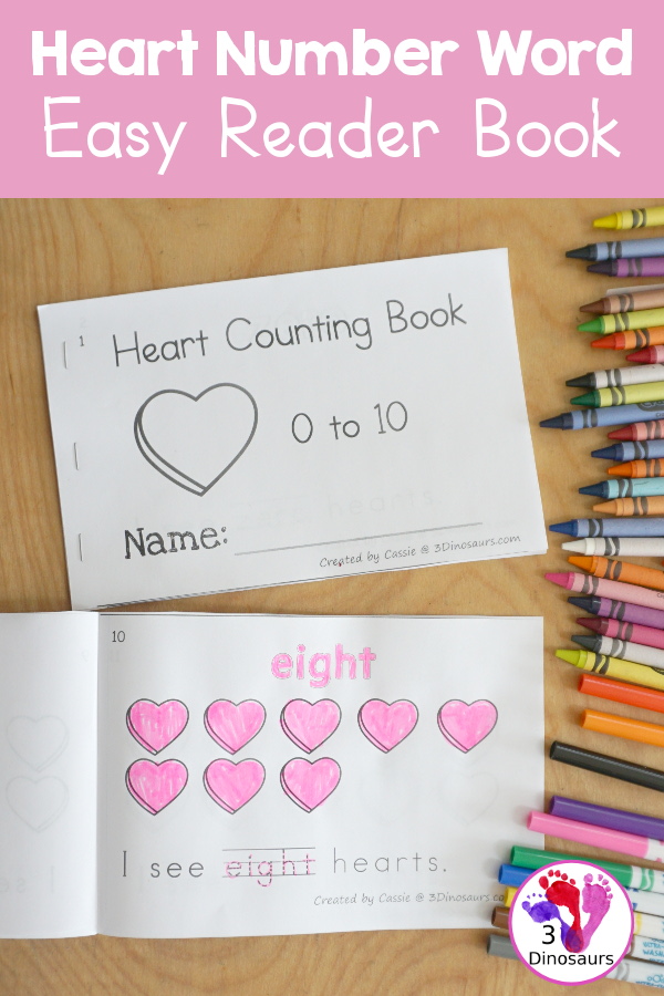 Free Heart Number Word Counting Book Printable - with numbers from - to 10 for tracing, coloring and counting hearts - 3Dinosaurs.com