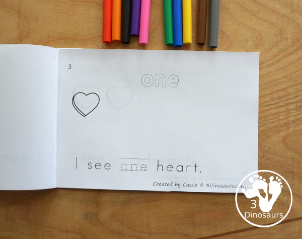 Free Heart Number Word Counting Book Printable - with numbers from - to 10 for tracing, coloring and counting hearts - 3Dinosaurs.com