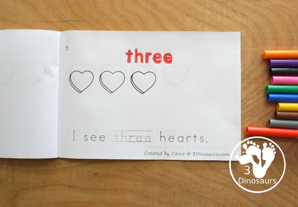 Free Heart Number Word Counting Book Printable - with numbers from - to 10 for tracing, coloring and counting hearts - 3Dinosaurs.com