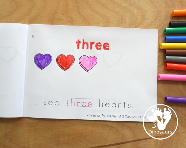 Free Heart Number Word Counting Book Printable - with numbers from - to 10 for tracing, coloring and counting hearts - 3Dinosaurs.com