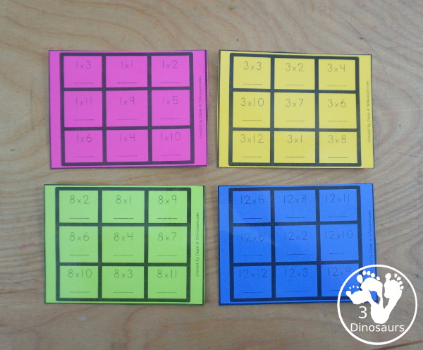 Free Multiplication Tic Tac Toe Printable - with four games boards for multiplication 1 to 12 - with 3 x 3 games for solving the equation games for kids to work on multiplication math facts - 3Dinosaurs.com