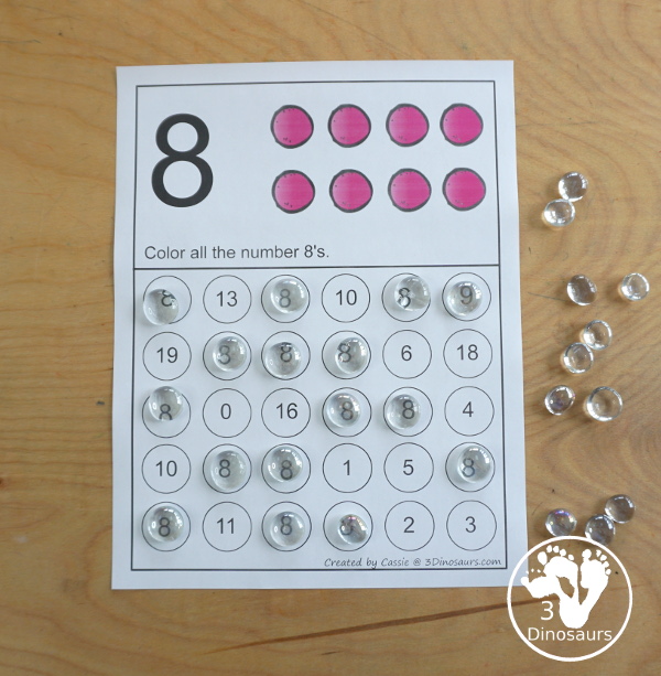 Free Number Find for 1 to 20 Numerical Numbers with 20 pages of free printable number worksheets for finding the numerical number - 3Dinosaurs.com