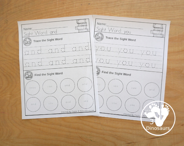 Sight Word Find & Trace Simple Prepimrer Printable - All 40 Preprimer Sight Words - it has two lines of tracing the sight word and two lines of finding the sight words with simple and easy to use layout and not to much on the page to distract kids with examples of what they are doing for the sight word - 3Dinosaurs.com