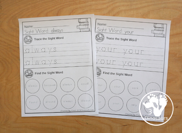 Sight Word Find & Trace Simple second Grade Printable - All 46 second Grade Sight Words - it has two lines of tracing the sight word and two lines of finding the sight words with simple and easy to use layout and not to much on the page to distract kids with examples of what they are doing for the sight word - 3Dinosaurs.com