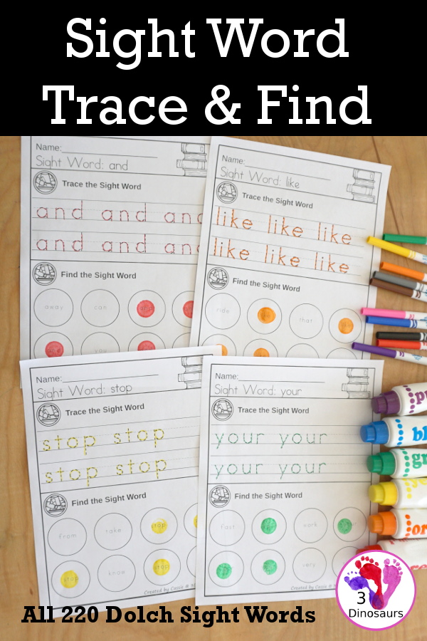 Sight Word Find & Trace Simple Printable - All 220 Dolch Sight Words - it has two lines of tracing the sight word and two lines of finding the sight words with simple and easy to use layout and not to much on the page to distract kids with examples of what they are doing for the sight word - 3Dinosaurs.com