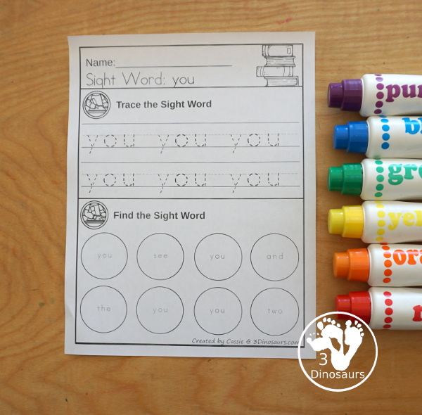 Sight Word Find & Trace Simple Printable - All 220 Dolch Sight Words - it has two lines of tracing the sight word and two lines of finding the sight words with simple and easy to use layout and not to much on the page to distract kids with examples of what they are doing for the sight word - 3Dinosaurs.com