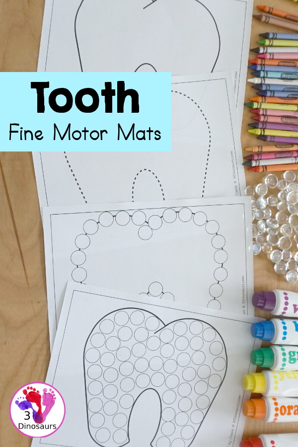 Free Tooth Fine Motor Dot Marker Printables -  with four pages of printables with a tooth template to color, a tooth to trace and a dot marker tooth, all great for dental health fine motor centers. -3Dinosaurs.com