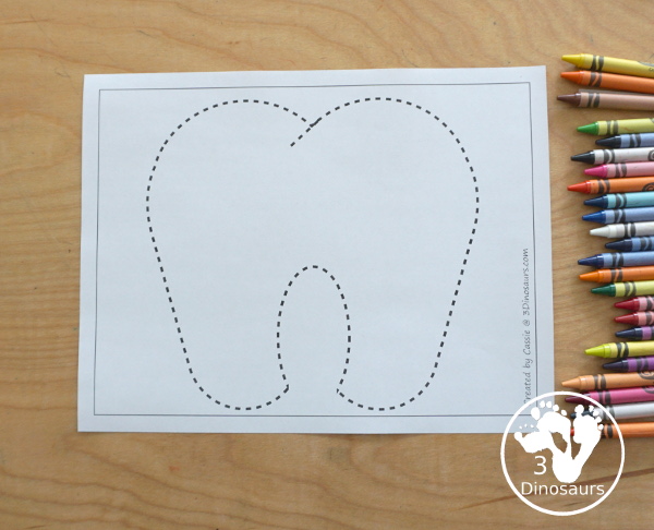 Free Tooth Fine Motor Dot Marker Printables -  with four pages of printables with a tooth template to color, a tooth to trace and a dot marker tooth, all great for dental health fine motor centers. -3Dinosaurs.com