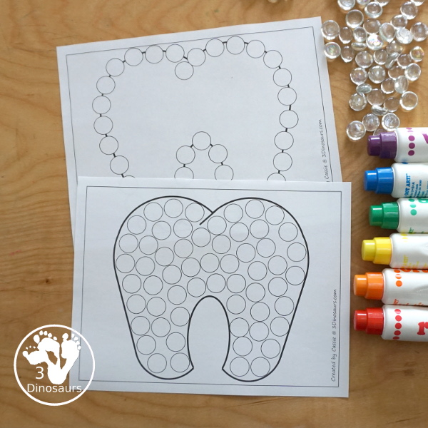 Free Tooth Fine Motor Dot Marker Printables -  with four pages of printables with a tooth template to color, a tooth to trace and a dot marker tooth, all great for dental health fine motor centers. -3Dinosaurs.com