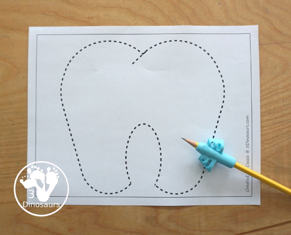 Free Tooth Fine Motor Dot Marker Printables -  with four pages of printables with a tooth template to color, a tooth to trace and a dot marker tooth, all great for dental health fine motor centers. -3Dinosaurs.com