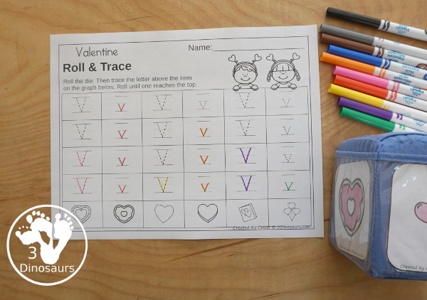 Valentine Roll & Graph With Trace Letters, Numbers & Shapes with a folding die and cube die with a graphing sheet, graphing with tracing numbers, graphing with tracing letters and graphing with tracing shapes. All with a fun heart theme for Valentine for prek and kindergarten - 3Dinosaurs.com