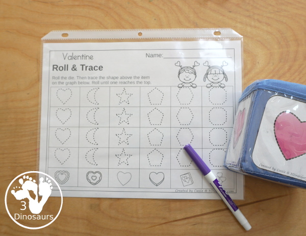 Valentine Roll & Graph With Trace Letters, Numbers & Shapes with a folding die and cube die with a graphing sheet, graphing with tracing numbers, graphing with tracing letters and graphing with tracing shapes. All with a fun heart theme for Valentine for prek and kindergarten - 3Dinosaurs.com