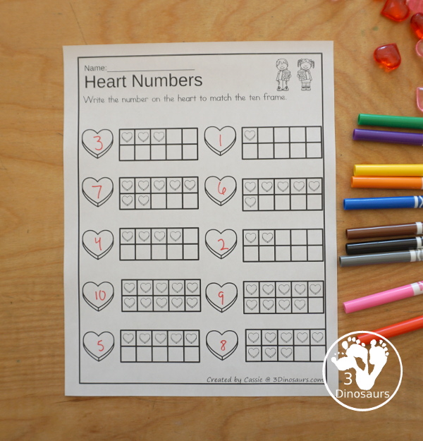 Valentine Ten Frame Printables for Prek and Kindergarten - with numbers 1 to 20 with heart ten frame cards, heart ten frame easy reader books, and heart ten frame worksheets - 3Dinosaurs.com