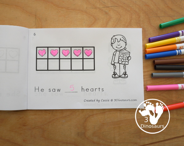 Valentine Ten Frame Printables for Prek and Kindergarten - with numbers 1 to 20 with heart ten frame cards, heart ten frame easy reader books, and heart ten frame worksheets - 3Dinosaurs.com