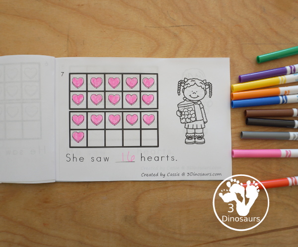 Valentine Ten Frame Printables for Prek and Kindergarten - with numbers 1 to 20 with heart ten frame cards, heart ten frame easy reader books, and heart ten frame worksheets - 3Dinosaurs.com