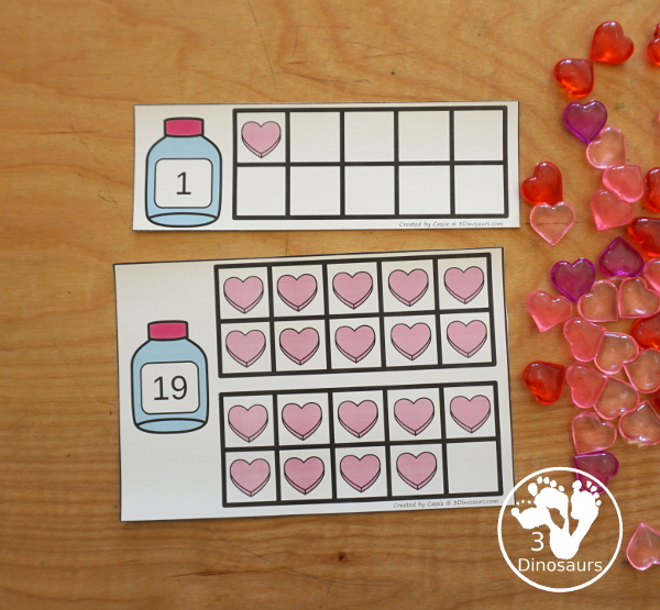 Valentine Ten Frame Printables for Prek and Kindergarten - with numbers 1 to 20 with heart ten frame cards, heart ten frame easy reader books, and heart ten frame worksheets - 3Dinosaurs.com