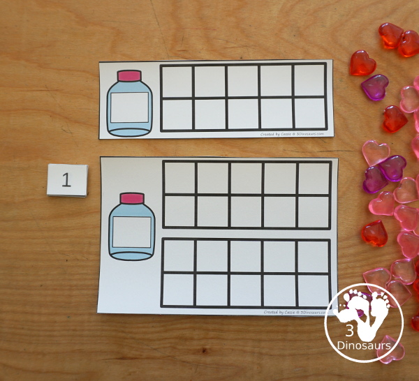 Valentine Ten Frame Printables for Prek and Kindergarten - with numbers 1 to 20 with heart ten frame cards, heart ten frame easy reader books, and heart ten frame worksheets - 3Dinosaurs.com