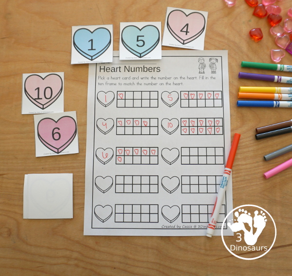 Valentine Ten Frame Printables for Prek and Kindergarten - with numbers 1 to 20 with heart ten frame cards, heart ten frame easy reader books, and heart ten frame worksheets - 3Dinosaurs.com