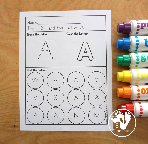 Free ABC Letter Find With Tracing & Coloring - you have all 26 letters of the alphabet with trace the letter, color the letter and then find the letter with uppercase only and lowercase only. A great letter worksheet for kindergarten. - 3Dinosaurs.com