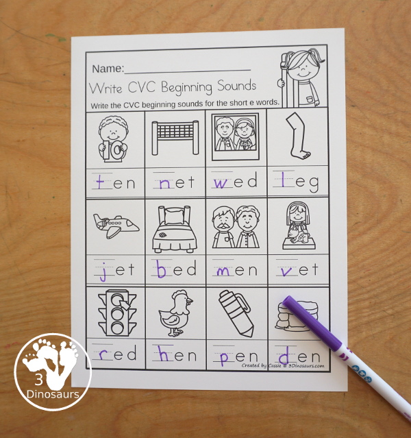 Free CVC Word Family Write the Beginning Sounds No-Prep Worksheet - 5 fun worksheets all working with CVC words with 5 pages by each vowel with 12 pictures for them to write matching beginning sounds - 3Dinosaurs.com #3dinosaurs #kindergarten #firstgrade #learingtoread #cvcwordfamily #freeprintable