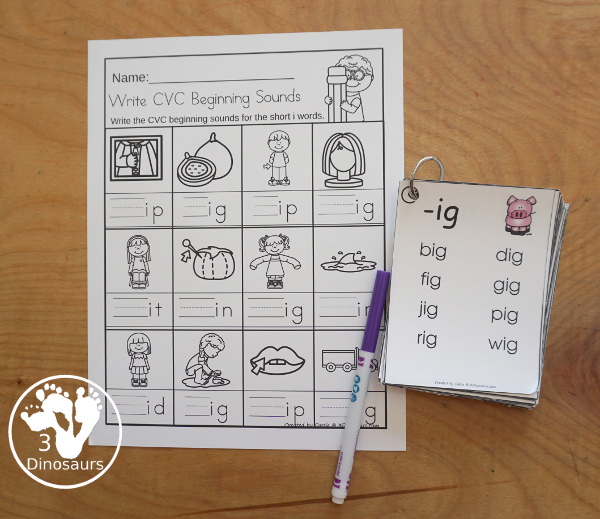 Free CVC Word Family Write the Beginning Sounds No-Prep Worksheet - 5 fun worksheets all working with CVC words with 5 pages by each vowel with 12 pictures for them to write matching beginning sounds - 3Dinosaurs.com #3dinosaurs #kindergarten #firstgrade #learingtoread #cvcwordfamily #freeprintable