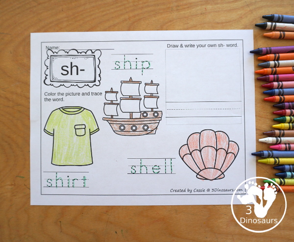 Digraph Coloring Pages with two options with tracing or writing words with vocab cards - 3Dinosaurs.com