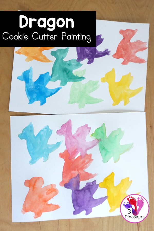 Dragon Watercolor Painting with rainbow color dragons made with a dragon cookie cutter and watercolor paints. A simple painting activity for different ages- 3Dinosaurs.com
