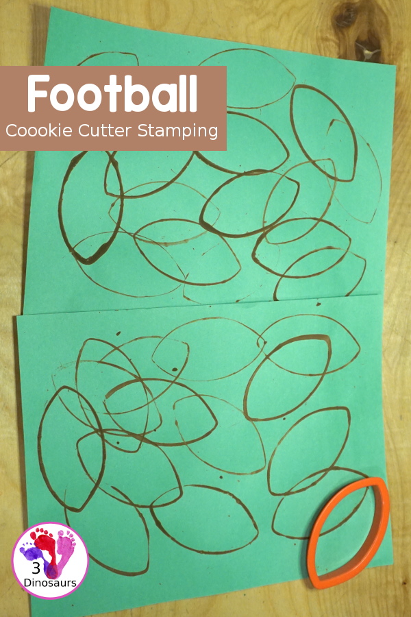 Football Stamp Painting with Cookie Cutters - You use a football shape cookie cutter to stamp brown footballs all over a green paper - 3Dinosaurs.com