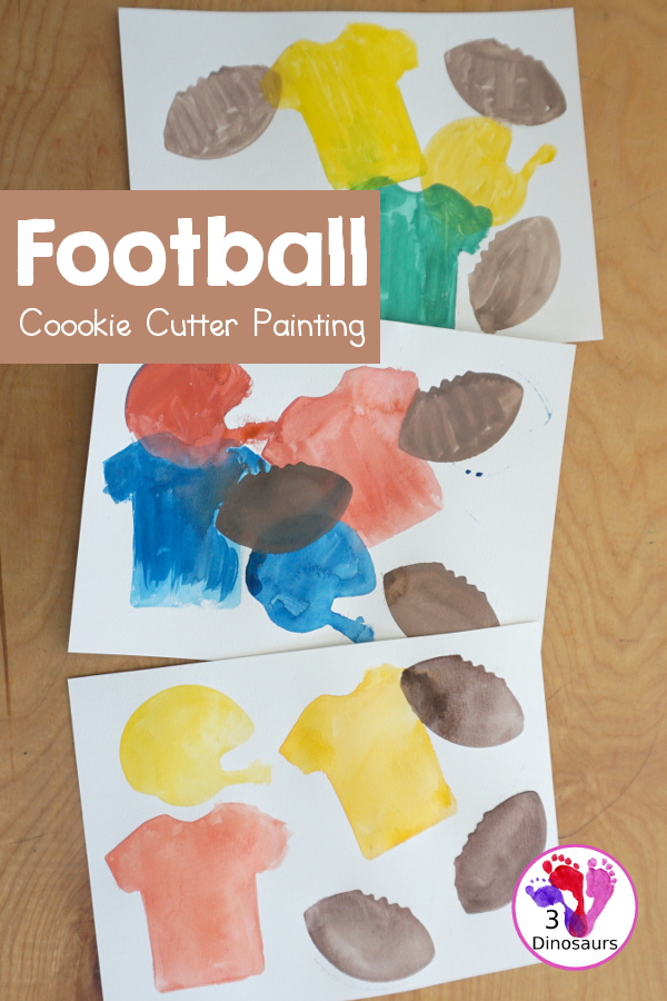 Football Cookie Cutter Watercolor Painting - a fun painting that kids can do with a football theme. A great way to do a fun watercolor painting is by different football team colors. - 3Dinosaurs.com