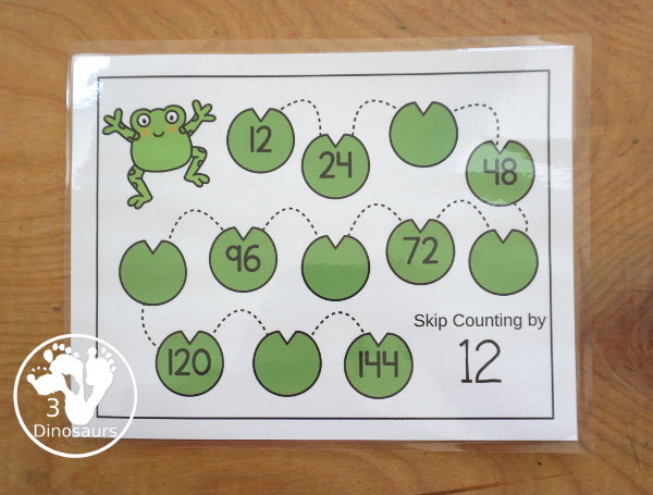 Frog Skip Counting Mat Printables - has two sets of skip counting mats with numbers 1 to 12. You skip count from lily pad to lily pad with fill out and missing skip counting. A great frogs skip counting theme for kids - 3Dinosaurs.com