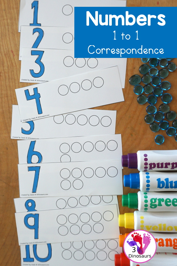 Free Number 1 to 1 Correspondence Printable has a number 1 to 1 correspondence book and a number 1 to 1 correspondence cards to use with kids working on counting. 3Dinosaurs.com