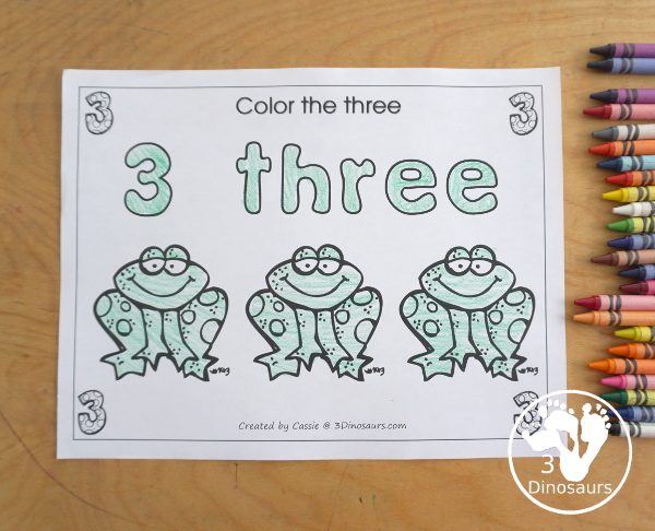 Free Romping and Roaring Number 3 Pack - with number 3 worksheets, number 3 puzzles, number 3 handwriting, number 3 dot marker worksheets and more for PreK and kindergarten age kids with a frog theme. - 3Dinosaurs.com