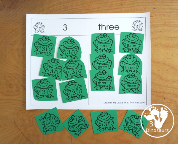 Free Romping and Roaring Number 3 Pack - with number 3 worksheets, number 3 puzzles, number 3 handwriting, number 3 dot marker worksheets and more for PreK and kindergarten age kids with a frog theme.  - 3Dinosaurs.com