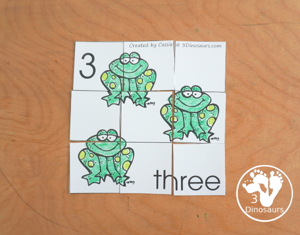Free Romping and Roaring Number 3 Pack - with number 3 worksheets, number 3 puzzles, number 3 handwriting, number 3 dot marker worksheets and more for PreK and kindergarten age kids with a frog theme.  - 3Dinosaurs.com