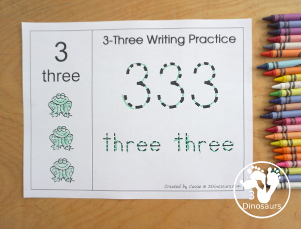 Free Romping and Roaring Number 3 Pack - with number 3 worksheets, number 3 puzzles, number 3 handwriting, number 3 dot marker worksheets and more for PreK and kindergarten age kids with a frog theme.  - 3Dinosaurs.com