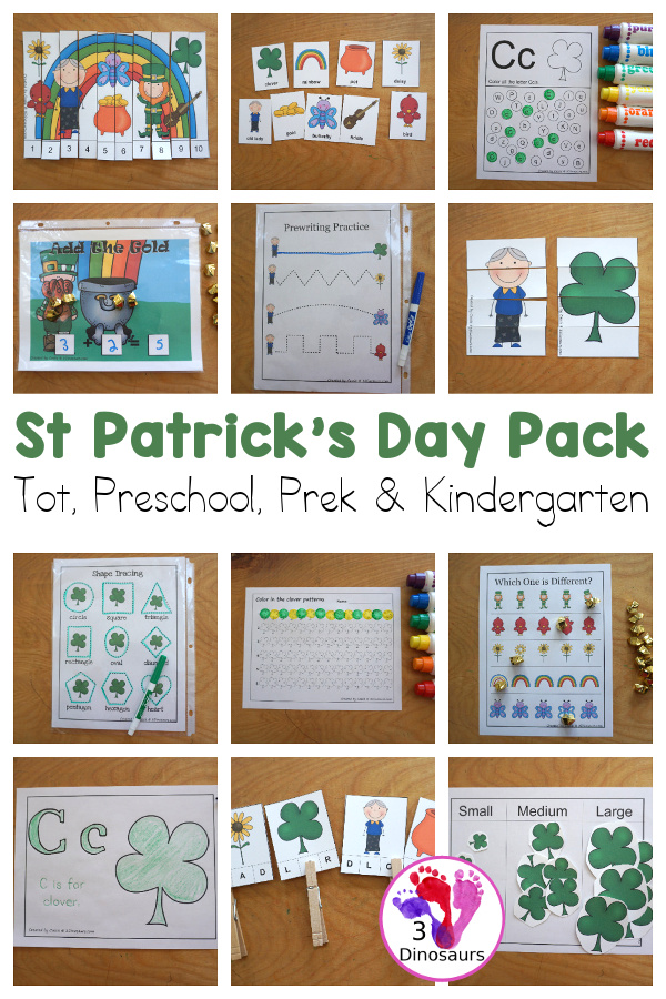 St. Patrick’s Day Printables - with 55 pages in a prek and kindergarten pack and a 24 page Tot and preschool pack. You have a mix of hands-on and no-prep activities to do with kids. - 3Dinosaurs.com