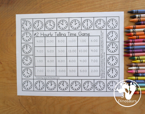 Free Hourly Telling Time Game Printables - two telling time games with analog clocks on the outside of the game and digital time and telling time words for the two game options with recording sheets - 3Dinosaurs.com