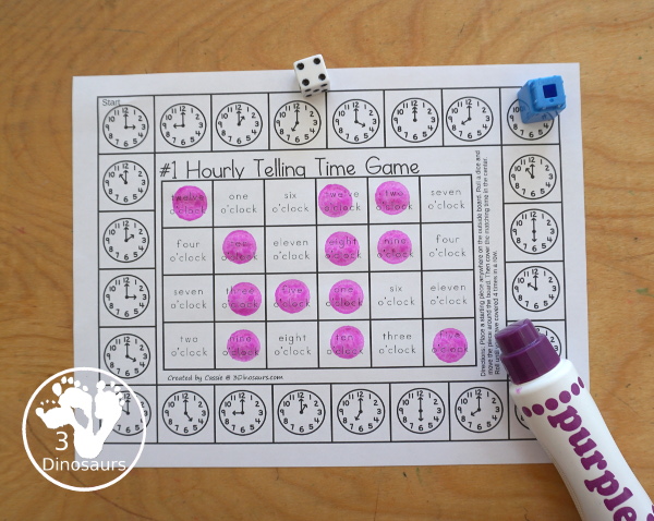 Free Hourly Telling Time Game Printables - two telling time games with analog clocks on the outside of the game and digital time and telling time words for the two game options with recording sheets - 3Dinosaurs.com