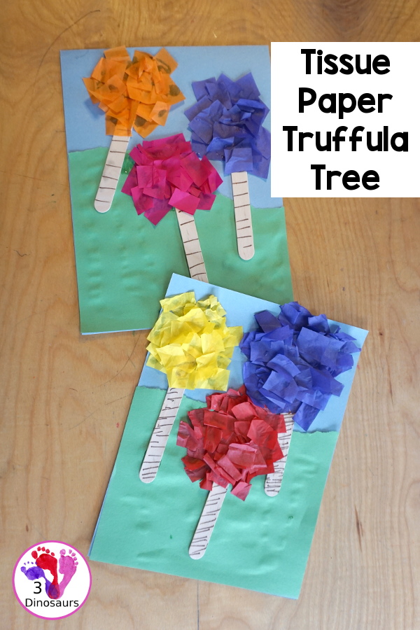 Tissue Paper Truffula Tree Craft you can make to go with the book the Lorax. It is simple for kids of different ages to make for a Dr Seuss Craft. - 3Dinosaurs.com