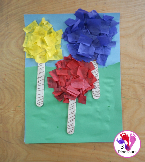 Tissue Paper Truffula Tree Craft you can make to go with the book the Lorax. It is simple for kids of different ages to make for a Dr Seuss Craft. - 3Dinosaurs.com