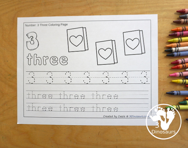 Free Valentine Number Color & Trace - Numbers o to 10 with counting the valentine themes and tracing the number and number word for each number with 11 pages of printables for prek and kindergarten - 3Dinosaurs.com