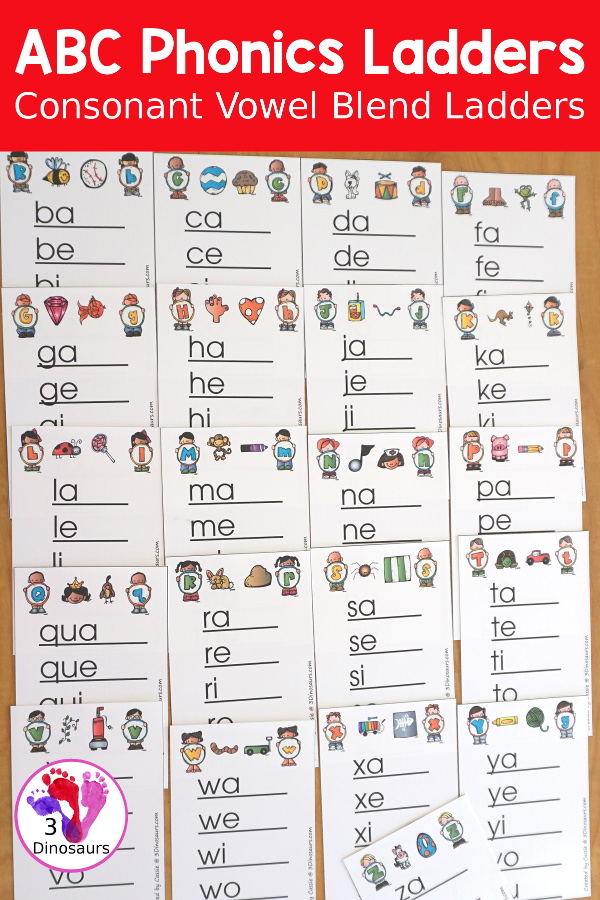 Free ABC Phonic Ladders - with a consonant vowel blend with all the combinations for kids to work on blending the beginning sound with a vowel sound. Plus, building and making words with the phonics ladders.- 3Dinosaurs.com